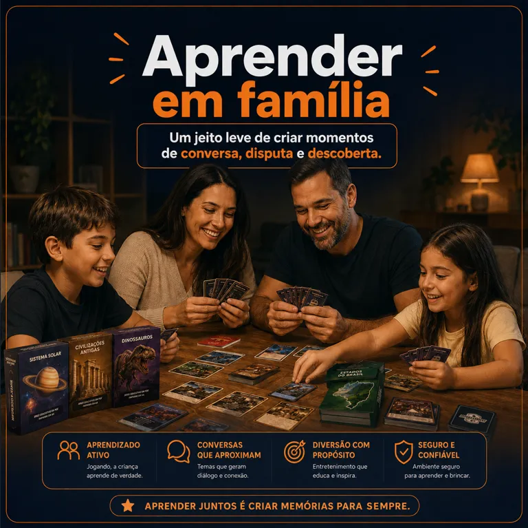 Família reunida aprendendo e se divertindo com os jogos de cartas educativos
